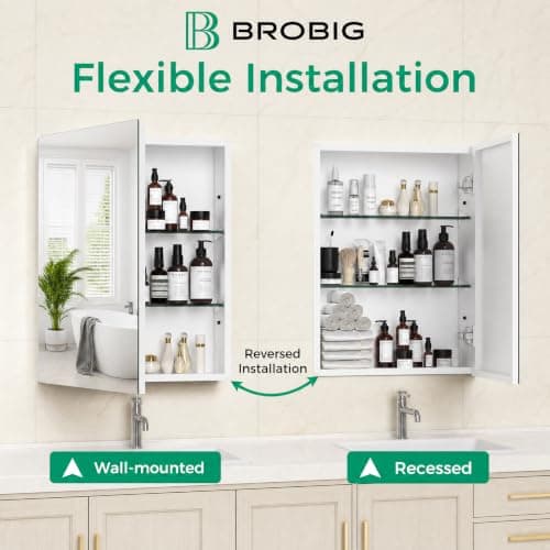 BROBIG 20 x 26 Medicine Cabinet Mirror, Moisture-Proof Aluminum Bathroom Medicine Cabinet with Mirror, Bathroom Mirror Cabinet with Adjustable Shelves, DTC Hinges, Recessed/Surface-Mounted - Thumbnail 5