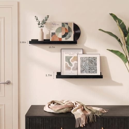 Mifurn Floating Picture Ledge Shelves, 2-Pack Wall Mounted Book Shelf for Nursery & Kids Room, Floating Shelves for Wall Photo Frames with Lip, Living Room or Bedroom, 16inch, Black - Thumbnail 6