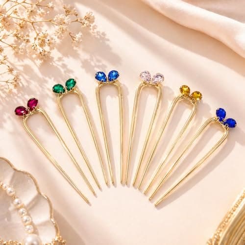 Fohufo French Hair Pin for Women - Gold Fashion Hair Pins for Women, Dainty U shaped Hair Pins Fashion Accessorries, French Twist Hair Pin Birthday Gifts, Aquamarine March Birthstone - Thumbnail 5