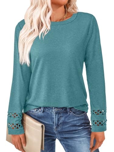 GKBK Womens Long Sleeve Tops Business Dressy Casual Blouses Crew Neck Loose Fit Lightweight T Shirts Cute Work Tee Ladies Tunic 2025 Fall Winter Fashion Clothes Trendy Outfits Cyan M - Thumbnail 2