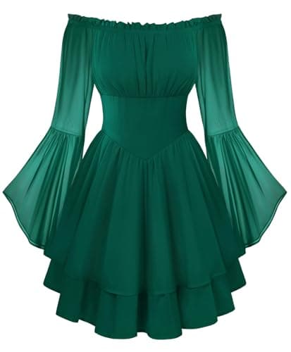 Scarlet Darkness Women Corset Dress Off Shoulder Bell Sleeve Ruffled Fairy Mini Dress Forest Green L - Image 1