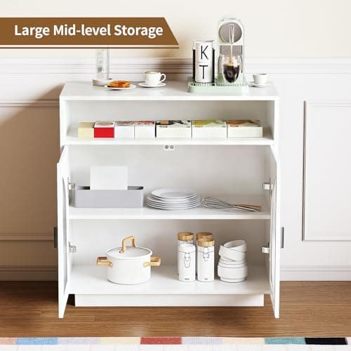 ALWXIA Sideboard Buffet Cabinet with Storage, 31.5” Farmhouse Curved Design Accent Cabinet with Acrylic Doors & Adjustable Shelves, Modern Coffee Bar (Sideboard W/Compartment_White, 1Pc) - Thumbnail 6