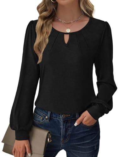 GKBK Women's Long Sleeve Tops Dressy Business Casual Blouses Basic Loose Fit V Neck Work Office Shirt Pleated Keyhole Puff Comfy 2025 Fall Winter Trendy Clothes Going Out Outfits Black Large - Image 1