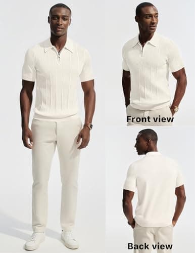 PJ PAUL JONES Mens Knit Polo Shirt Casual Short Sleeve Shirts Breathable Textured Summer Tops for Business Ivory S - Thumbnail 5
