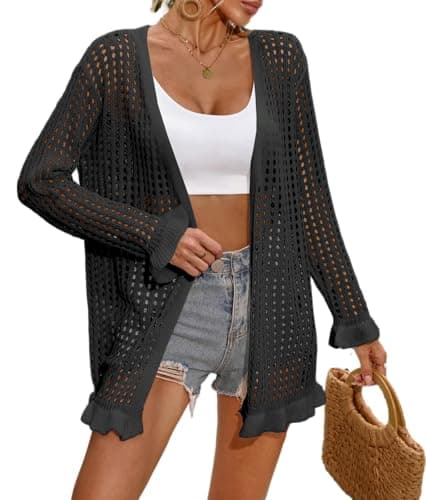 BreathSunny Womens Crochet Knit Swimsuit Coverup Cardigan Summer 2025 Open Front Long Sleeve Ruffle Trim Hollow Out Mesh Swimwear Beach Swim Bikini Bathing Suit Cover Up Kimono Black S - Image 1