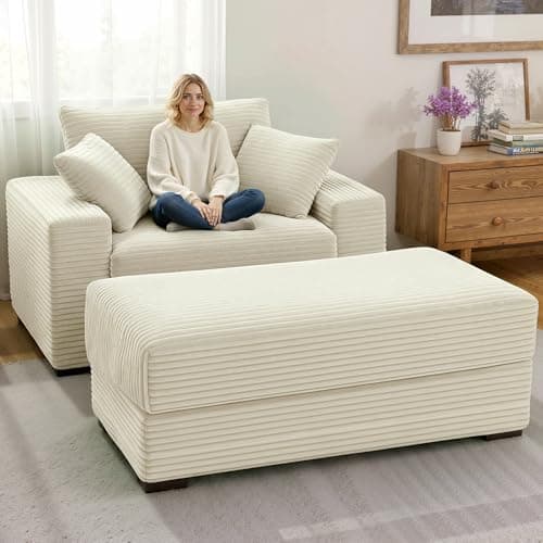 Indoor Chaise Lounge Chair With Storage Ottoman, Modern 60-Inch Lounge Sofa Chair With Wide Armrests & 4 Pillows, Oversized Comfy Reading Lounger For Living Room, Bedroom（Wide-Rib Corduroy Beige) - Image 1