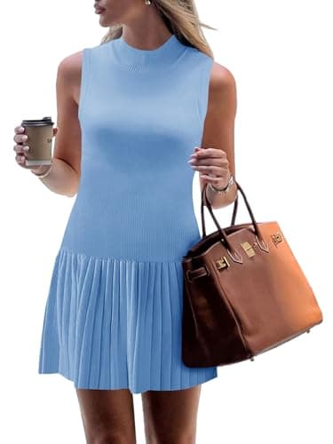 Wenrine Womens Sleeveless Summer Mini Dress Mock Neck Ribbed Knit Ruffle Pleated Casual Tank Dress - Image 1