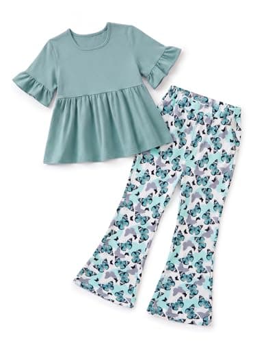 Hihosdor Toddler Girl Outfits 2 Piece Clothing Sets Square Neck Ruffle Sleeve Shirt with Flared Bell Bottom Pants Kids Summer Clothes, Green, 4-5 Years - Image 1