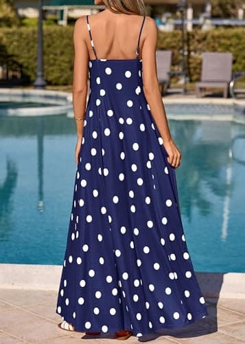 KIRUNDO Polka Dot Dress for Women Summer 2026 Sleeveless Spaghetti Strap Beach Vacation Cruise Boho Long Flowy Maxi Dresses(Navy, X-Large) - Thumbnail 6