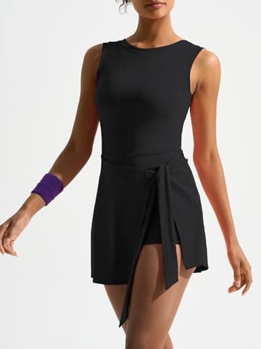 Dokuritu Athletic Dress for Women Sleeveless High Neck Golf Tennis Dresses Built in Shorts Backless Wrap Sports Workout Rompers Black - Thumbnail 3