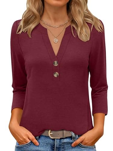 ANRABESS Women 3/4 Length Sleeve Henley Tops V Neck Business Casual Work T Shirts Cute Travel Shirt 2026 Spring Trendy Outfit Burgundy XX-Large - Image 1