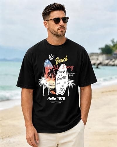 Mens Graphic T-Shirts Short Sleeve Surf Print Summer Top Crewneck Cotton Casual WAVERIDER Tees for Men - Thumbnail 5