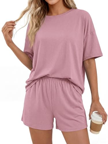 BTFBM 2 Piece Lounge Sets For Women 2026 Summer Airport Travel Vacation Outfits Loose Matching Clothing Spring Short Set(Pink, Small) - Thumbnail 2