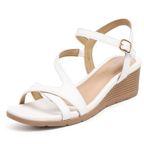 Goldnut Women's Wedge Sandals Dressy - White Crisscross Strappy Low Wedges for Women Comfortable Sandals for Casual Party Wedding Size 10 - Image 1