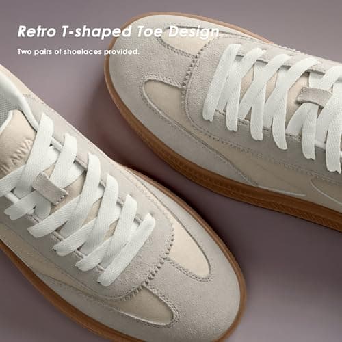 Vilanva Women's Fashion Sneakers Casual Tennis Shoes with Genuine Suede Classic Retro Gum Sole Walking Trendy Footwear Beige Multi - Thumbnail 5