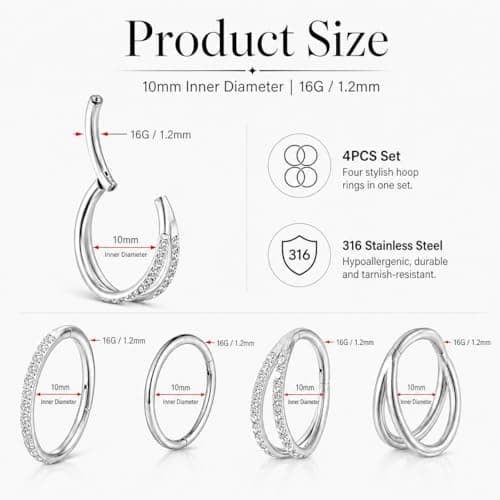 AOzT 4Pcs 16G Nose Rings Hoops - 10mm Septum Clicker Rings for Women Men, 316 Stainless Steel Hinged Nose Hoop Piercing Jewelry for Septum Cartilage Tragus Helix Lip, Silver - Thumbnail 4