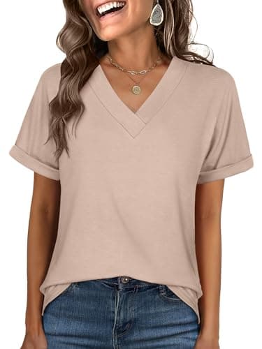 ANRABESS Womens T Shirts Short Sleeve V Neck Shirts Summer Loose Fit Dressy Tops Business Casual Blouses 2026 Basic Tees Almond X-Large - Image 1