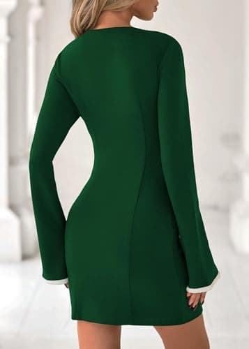 Lazysmile Women's Casual Dresses Long Sleeve Boat Neck Button Down Bodycon Mini Fall Party Club Cocktail Dresses for Women Dark Green - Thumbnail 2