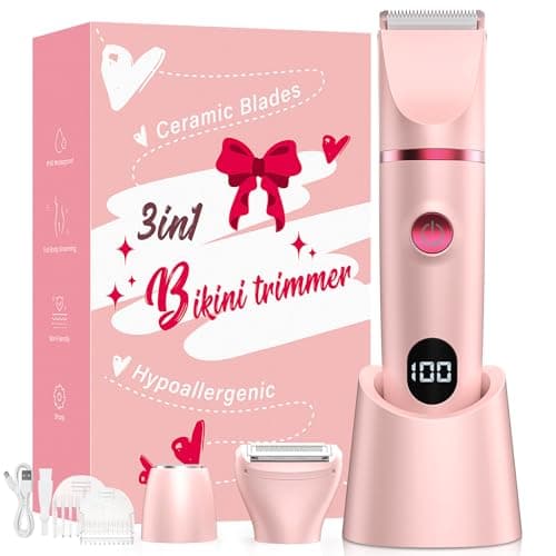 Crolanli Bikini Trimmer for Women, 3-in-1 Electric Razors for Women, IPX7 Waterproof Rechargeable Cordless Pubic Hair Shaver, with LED Display, for Ladies Bikini Pubic, Face, Underarms, Legs(Pink) - Image 1