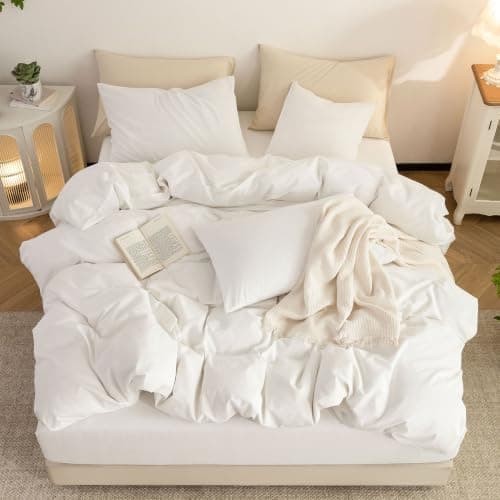 ELIMMO California King Duvet Cover - 3 Piece 100% Washed Cotton Linen Feel Bedding Set, All Season Durable Breathable Comfy Minimalist, Off White 104" X 98" - Thumbnail 6