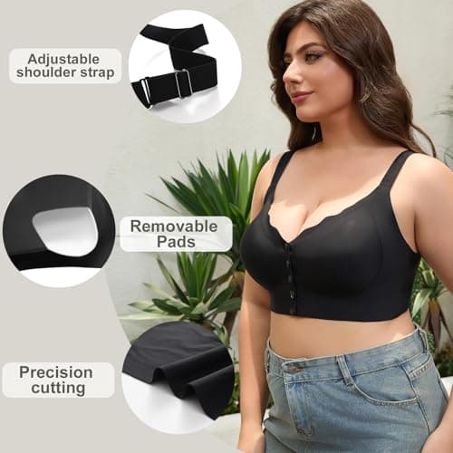Front Closure Bras for Older Women Wireless Plus Size No Underwire Seamless Mastectomy Bralette Adjustable Straps Seniors Comfort (US, Alpha, X-Large, Plus, Regular, Black) - Thumbnail 2