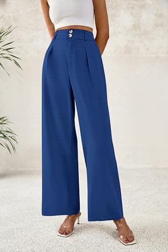 BTFBM Women Wide Leg Dress Pants 2026 High Waisted Button Pleated Business Casual Trousers Office Work Palazzo Pants(Dark Blue, XX-Large) - Thumbnail 2