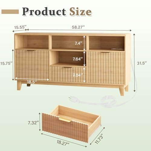 GlouMod 58" Coffee Bar Cabinet with Storage and Drawers, Large Sideboard Buffet Cabinet with Charging Station, Adjustable Lighting, 2 Doors and Open Shelves, Fluted Panel, Natural Oak - Thumbnail 2