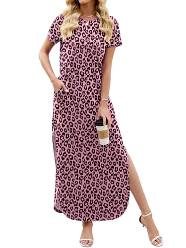 Heymoments Womens Summer Maxi Dress Leopard XX-Large Short Sleeve Casual Loose Fitted Long T Shirt Ladies Flowy Dresses Split Cute Vacation Party Beach Travel Elegant Sundress with Pockets