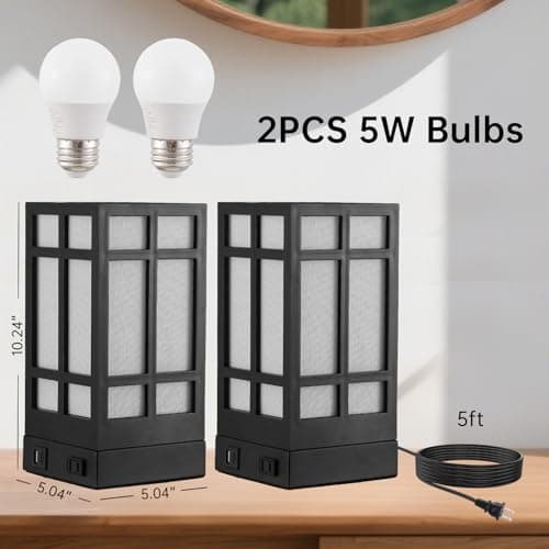 Beside Table Lamp set of 2 with AC Outlet, USB A & C Charging Port,Small Rectangular Nightstand Lamp with Bamboo Linen Shade,LED Bulbs Included,Tabletop Reading Lamp for Living Room/Dorm/Office - Thumbnail 5