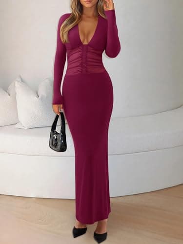 REORIA Women's Sexy Deep V Neck Long Sleeve Dress Mesh Sheer Ruched See Through Bodycon Maxi Long Dresses Cordovan Large - Thumbnail 5