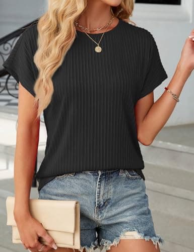 JUSTFASHIONNOW Womens Short Sleeve Tops Business Casual Tops for Women Crew Neck Basic Tees Textured Work Shirts Office Outfits(Black,M) - Thumbnail 3