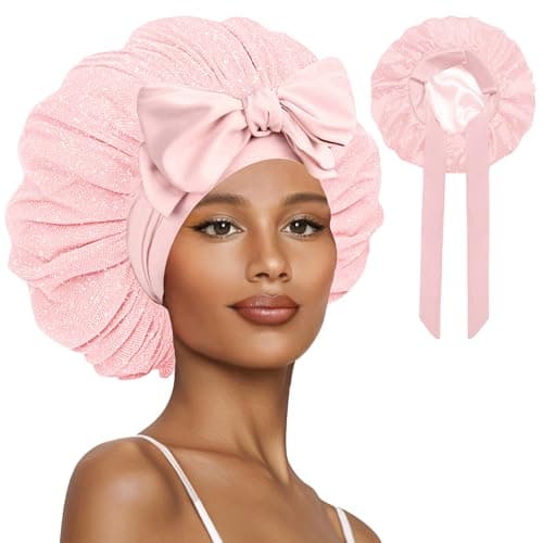 Vettres Satin Hair Bonnet for Sleeping Double Layer Bonnet with Tie Band Glittering Mesh Sleep Cap for Curly Natural Hair Pink - Image 1