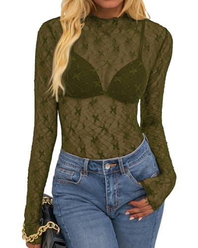 BTFBM Womens Tops Mesh Lace Long Sleeve Tops for Women 2026 Spring Fall Sexy Sheer See Through Tight Party Club Outfits(Army Green, Small) - Image 1