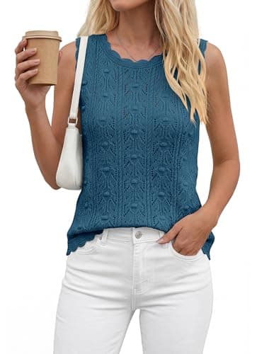 BTFBM Crochet Tank Tops for Women Hollow Out Sleeveless Loose Sweater Vest Top Summer Spring 2026 Beach Vacation Clothes(Dusty Blue, Large) - Thumbnail 6