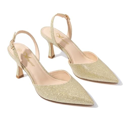 Athlefit Closed Pointed Toe Kitten Heels for Women Dress Work Wedding Party Slingback Stiletto Pumps Shoes Gold, Size 10, SAPU2606W - Thumbnail 6