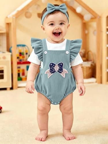 GEMLON Baby Girl 4th of July Outfit Ruffled Sleeveless Embroidery Preemie Bodysuit with Headband 3-6 Month Girl Clothes - Thumbnail 2