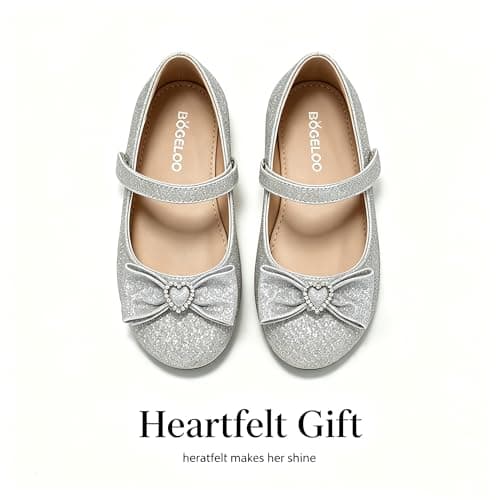 BOGELOO Toddler Girls Flats Mary Jane Flower Girls Dress Shoes School Wedding Party Shoes(Silver,9) - Thumbnail 3