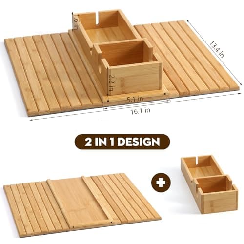 Bamboo Couch Arm Tray with Detachable Cup Holder, 2 in 1 Foldable Anti-Falling Design for Cups, Snacks, Remote, Cellphone - Thumbnail 6