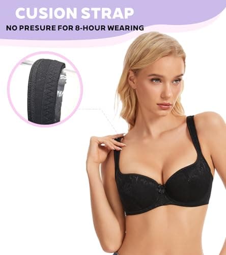 Oscrenia Balconette Bra for Women Demi Balcony Bras Underwire Push Up Half Cup(Black Plain,34DD) - Thumbnail 4
