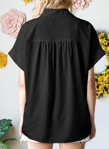 Dokotoo Blouses for Women Dressy Casual Short Sleeve Summer Spring Pleated Button Down Shirts Collared Neck V Neck T-Shirt Solid Tops Oversized Tshirt Teacher Shirts Business Ladies Black Tops Medium - Thumbnail 2