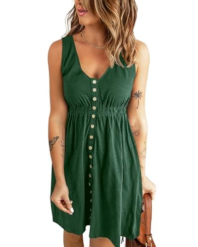 BTFBM Summer Dresses for Women 2026 Spring Clothes Sleeveless Crewneck Beach Vacation Outfits Mini Flowy Sun Dress(Buttons Dark Green, Large) - Image 1