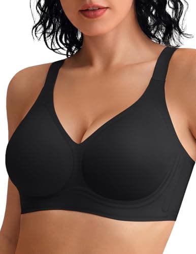 Leviace Wireless Jelly Bras for Women with Support - Anti-Slip Wide Straps Push Up Full Coverage Plunge Seamless Padded T-shirt Bralette No Underwire Soft Invisible Back Smoothing Sleep Bra, Black, XL