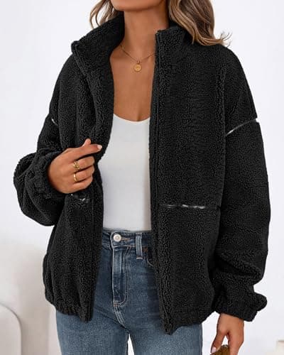 KIRUNDO Sherpa Jacket Women Fleece Oversized Zip Up Winter Coats Fall Jackets Faux Fur Warm Outwear 2026 Fashion Clothing(Black, Small) - Thumbnail 4