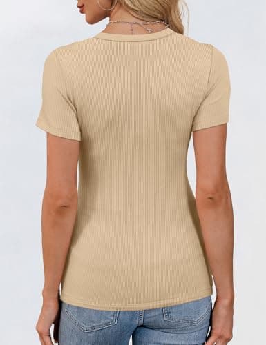 GKBK Ribbed Short Sleeve Tops for Women Crew Neck Fitted Tight Shirts Layering Top Basic Tee Tshirts Cute Summer Tops Casual Spring Clothes Outfits 2026 Trendy Beige - Thumbnail 5