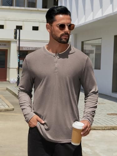 Hardaddy Men's Long Sleeve Henley Shirts Casual Color Block Henley Button T-Shirt Tops Brown XXL - Thumbnail 3