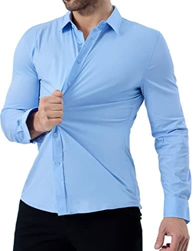ZAFUL Blue Button Down Shirt Men Slim Fit Long Sleeve Stretch Collared Shirt Cotton Wrinkle Free Button Up Mens Tops Blue XX-Large - Thumbnail 3
