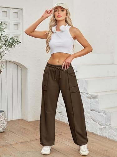 Dokuritu Barrel Sweatpants Women Casual Drawstring Elastic Waist Wide Leg Sweatpant with Pockets Lounge Baggy Pants Coffee - Thumbnail 3