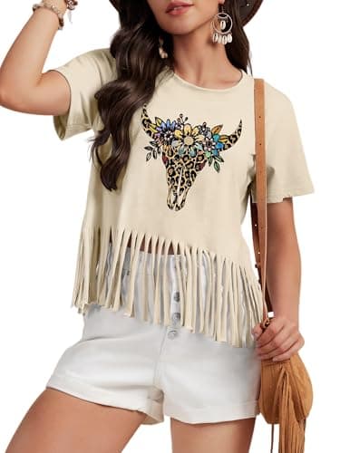 Women Graphic Tees Western Shirts Vintage Cowgirl Cowboy Fringe Shirt Concert Tops Short Sleeve(Beige, XL) - Image 1