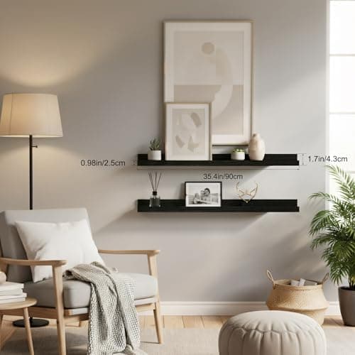 Modcraft 36 Inch Black Floating Shelves with Lip, Extra Long Wall Mounted Picture Ledge, Large Industrial Wall Shelf for Living Room Gallery Wall, Display Shelf for Photos Frames Books, Set of 2 - Thumbnail 6