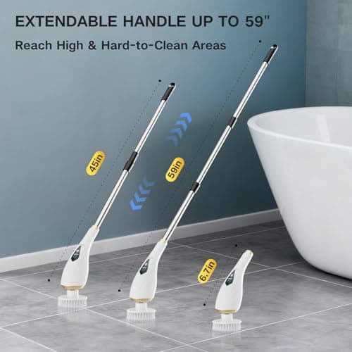Hofenta Electric Spin Scrubber Cordless Shower Cleaning Brush with 10 Replaceable Brush Heads, Extendable Handle Up to 59", 2 Speed, Waterproof, 2H Cleaning Time for Bathroom Shower Tile Glass Car - Thumbnail 5